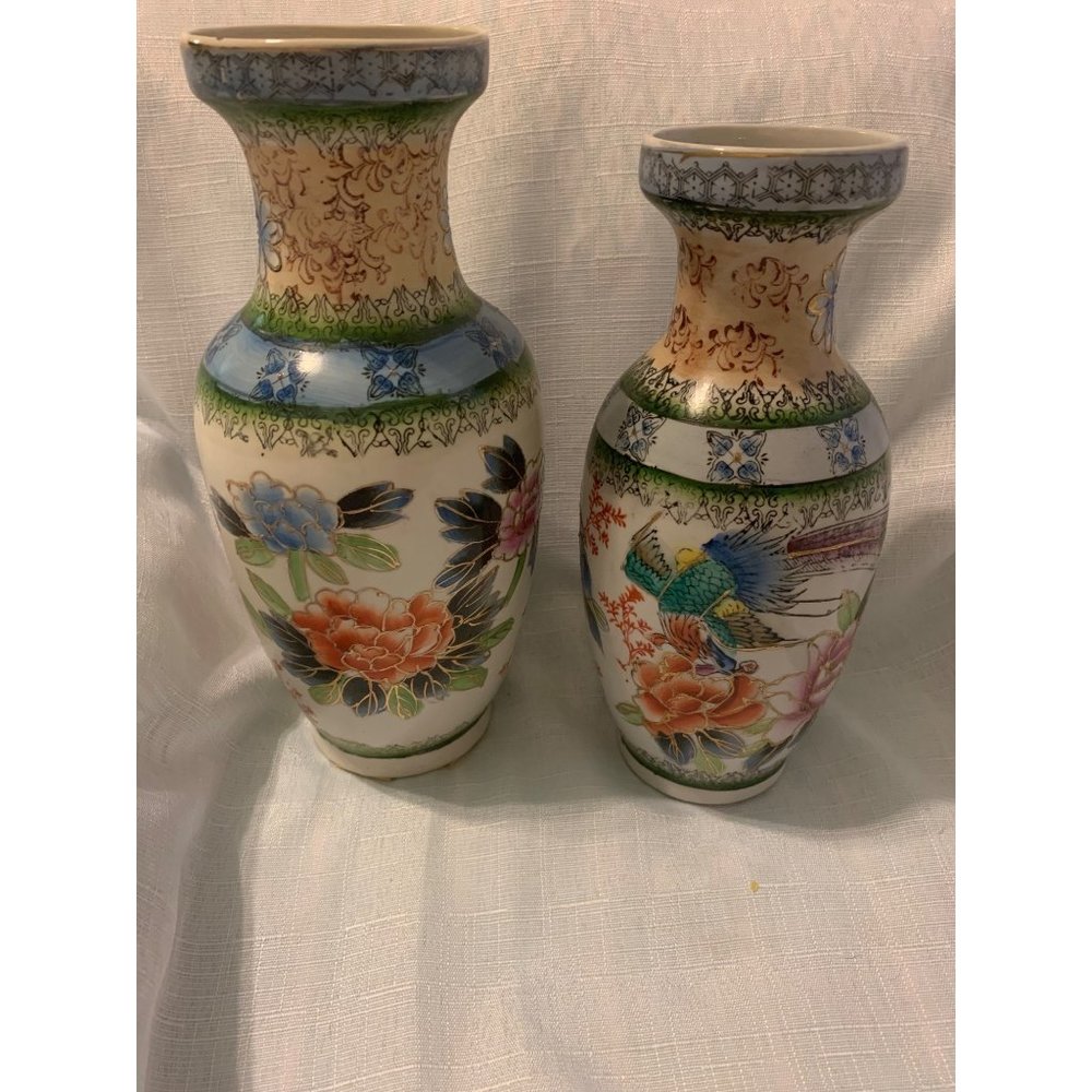 Vintage Hand-Painted Floral Ceramic Vases With Bird Design Set Of 2